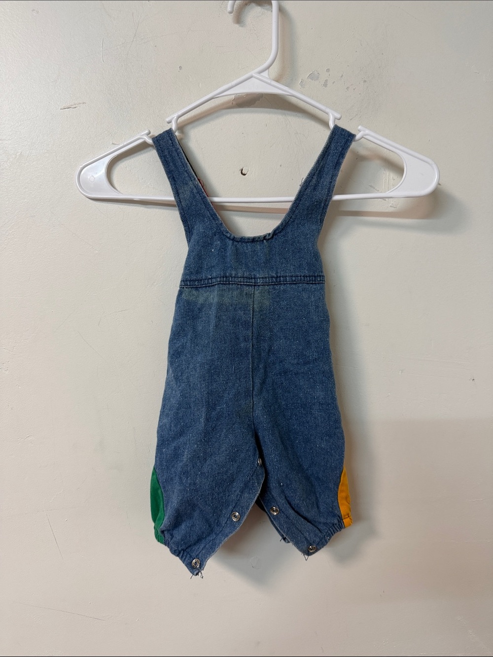 Denim Kids Overalls with Green and Yellow Side Panels 1990’s